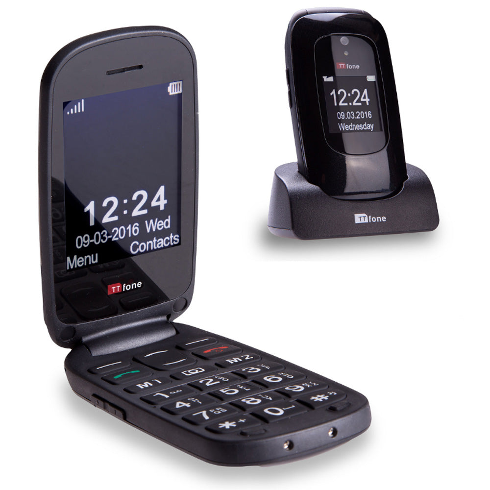 TTfone Lunar TT750 Black Flip Big Button Easy Menu Mobile with O2 Bundle Pay As You Go SIM