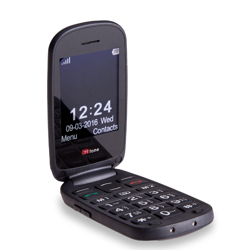 TTfone Lunar TT750 Black Flip Big Button Easy Menu Mobile with O2 Bundle Pay As You Go SIM