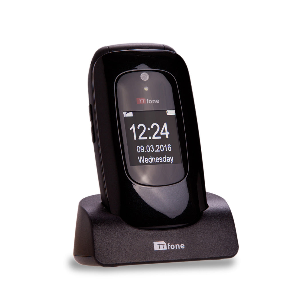 TTfone Lunar TT750 Black Flip Big Button Easy Menu Mobile with O2 Bundle Pay As You Go SIM