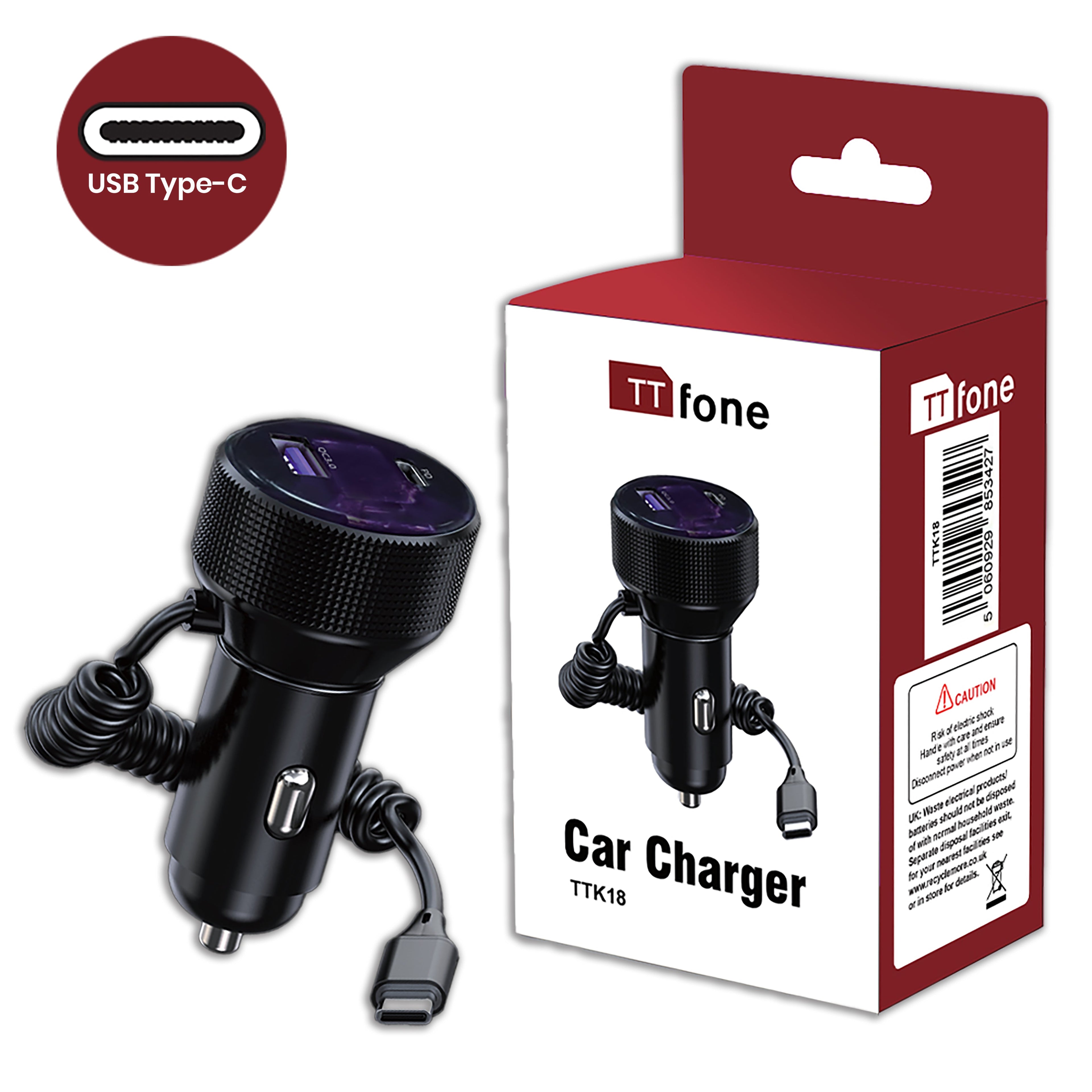 Original TTK18 Car Charger 12V with Type-C Cable