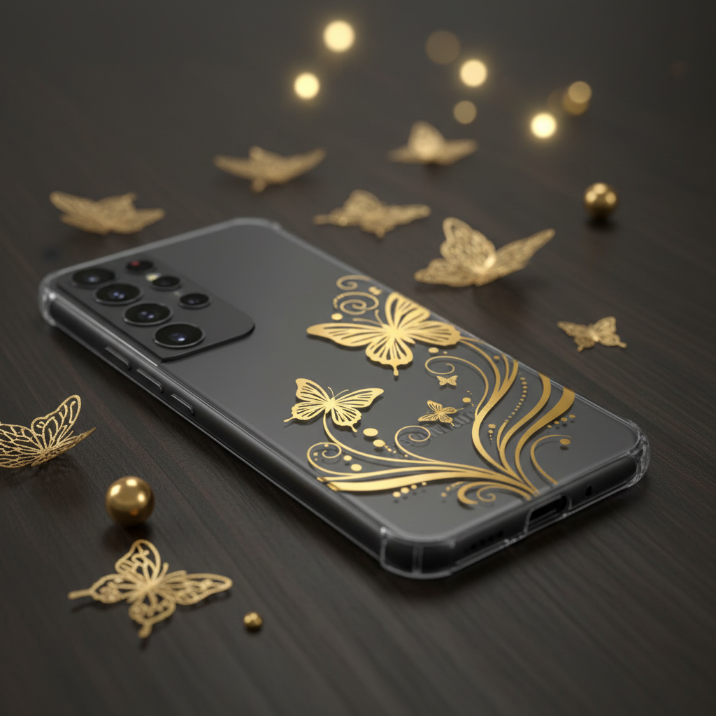 Gold Butterfly Samsung-skal – Mjukt TPU med Guldfjärilsmönster