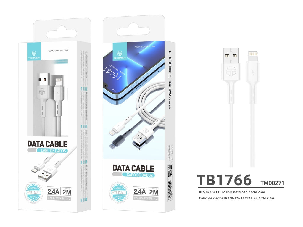 Techancy 2m Data Cable TB1766, 2.4A Lightning Charging Cable for iPhone 8/X/11-14