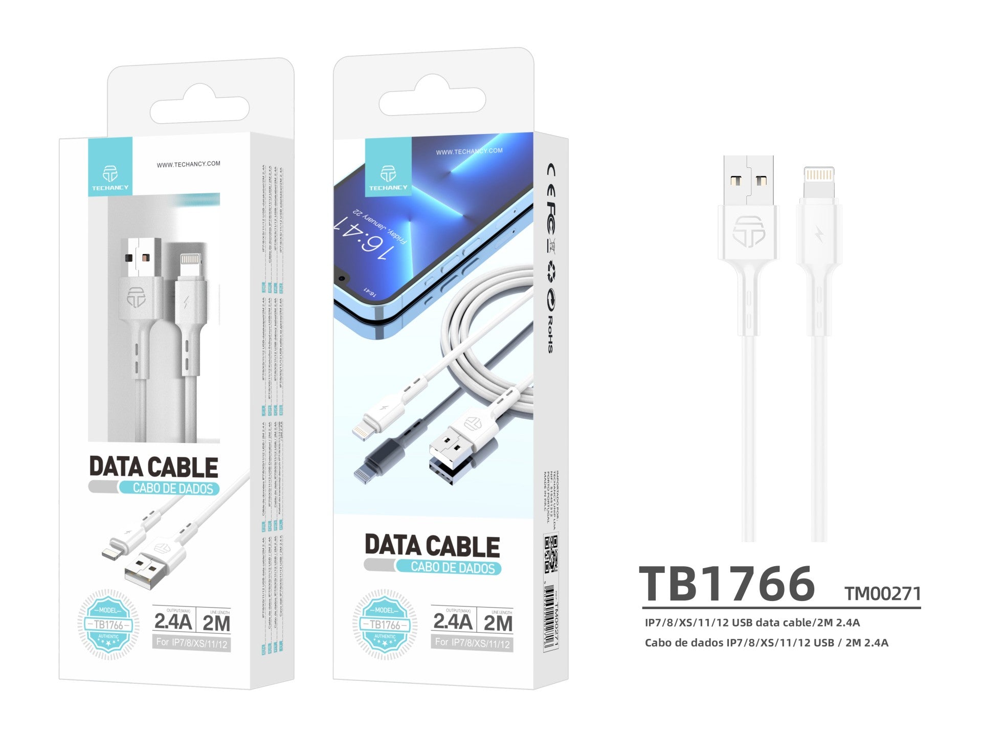 Techancy 2m Data Cable TB1766, 2.4A Lightning Charging Cable for iPhone 8/X/11-14