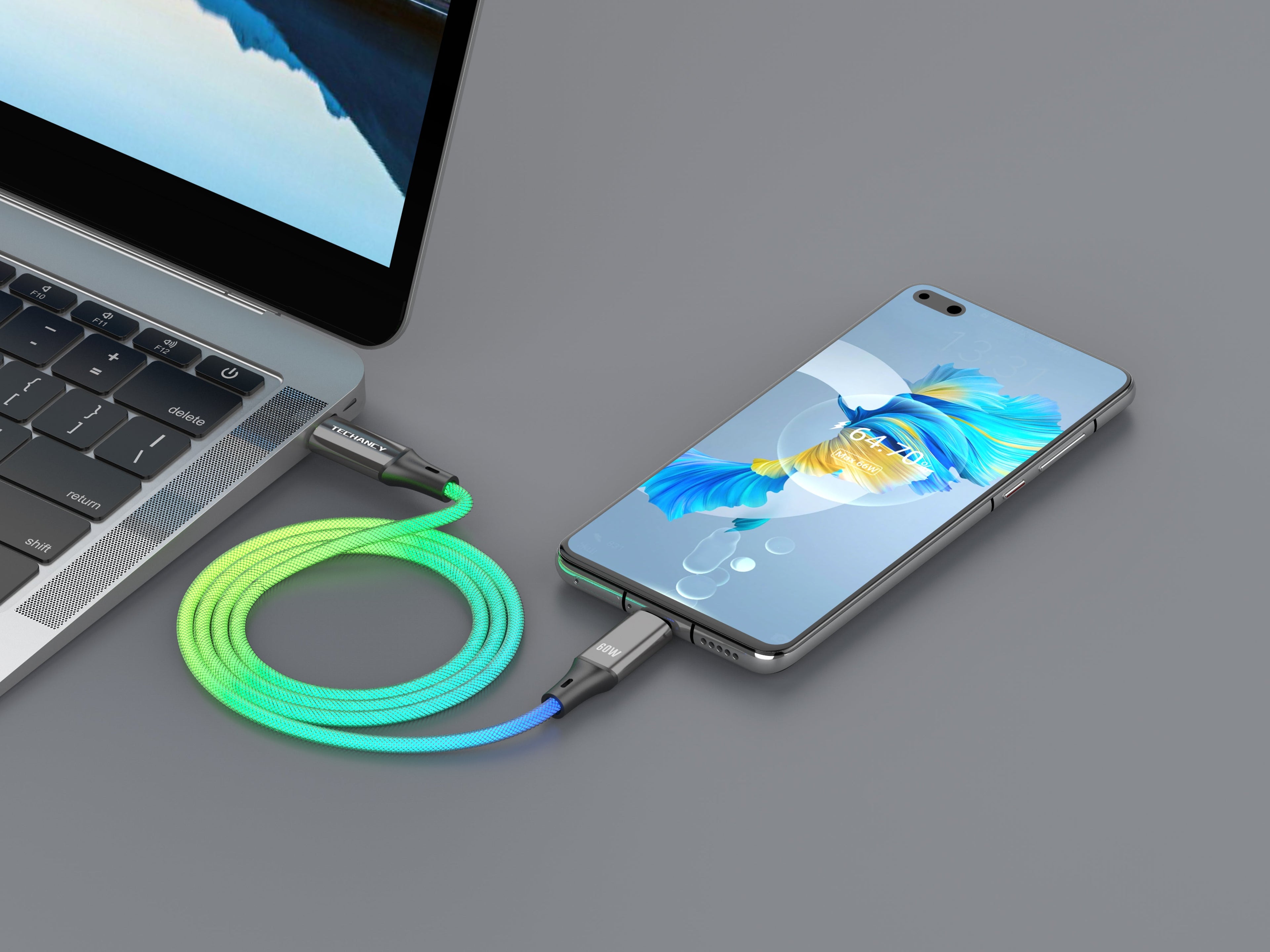 Techancy 1m Data Cable TB1799, USB-C to USB-C, RGB Lighting Effects, 60W Fast Charging