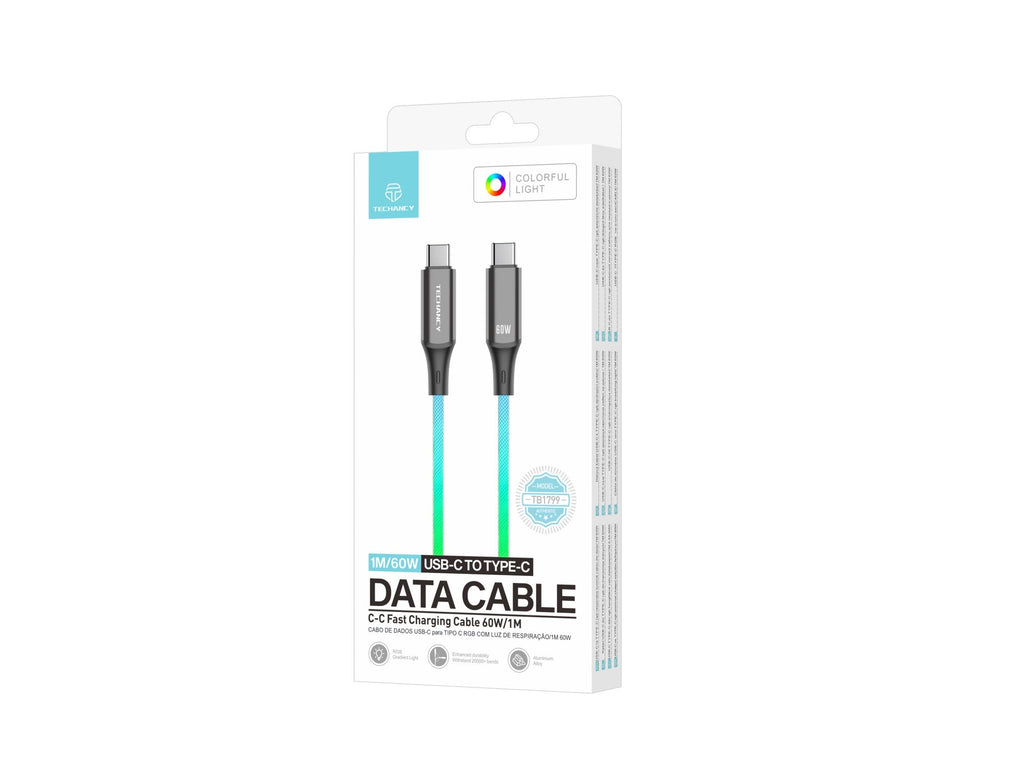 Techancy 1m Data Cable TB1799, USB-C to USB-C, RGB Lighting Effects, 60W Fast Charging