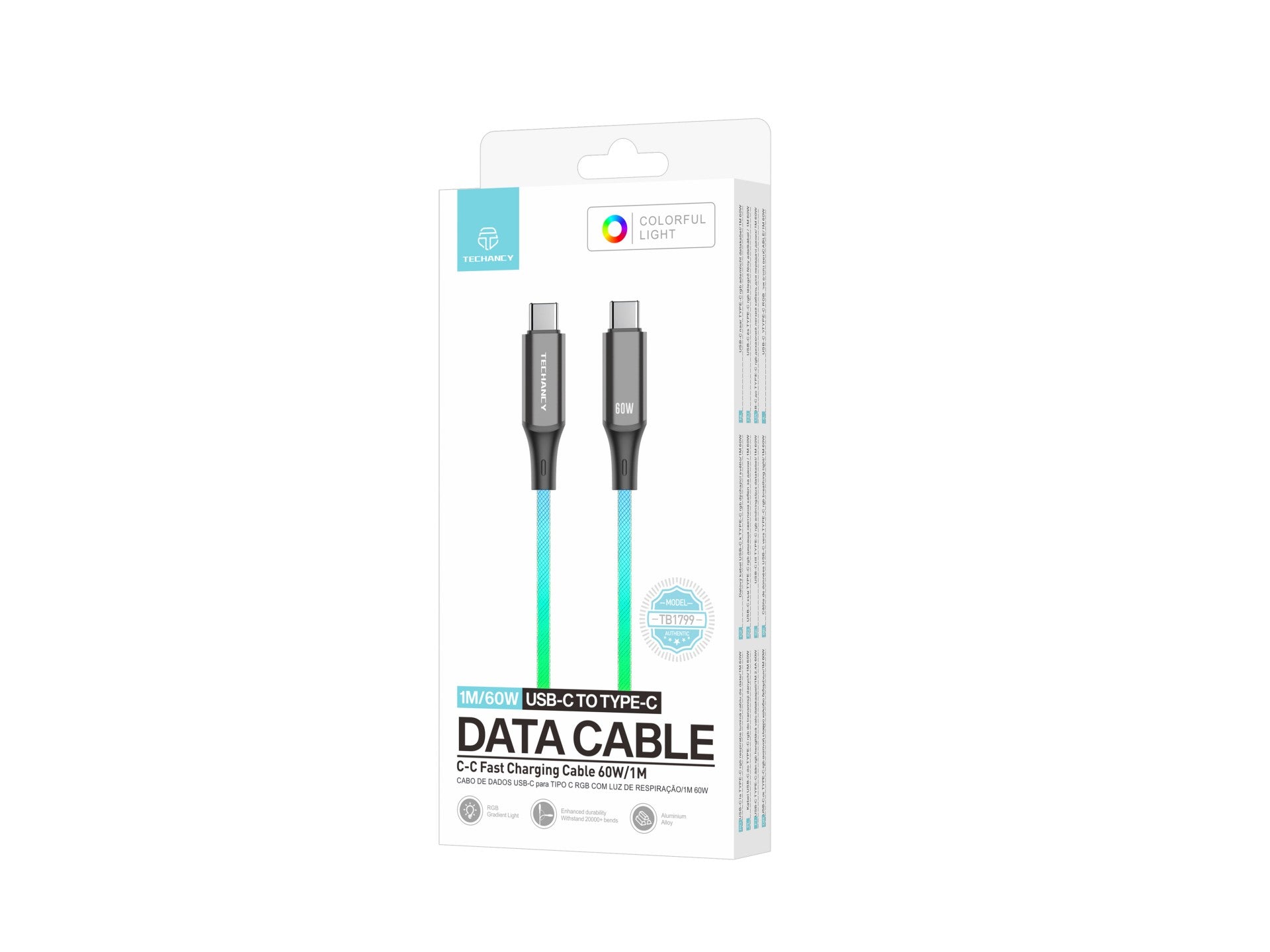 Techancy 1m Data Cable TB1799, USB-C to USB-C, RGB Lighting Effects, 60W Fast Charging