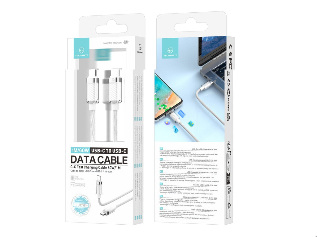Techancy 1m USB-C to USB-C Data Cable TB1798, White, 60W Fast Charging for Smartphones, Tablets and Laptops