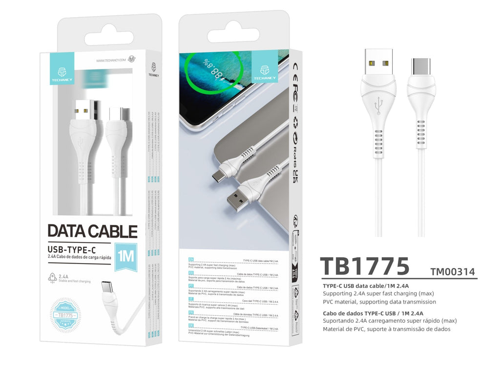 Techancy USB-C Data Cable TB1775, White, 1m, 2.4A Fast Charge
