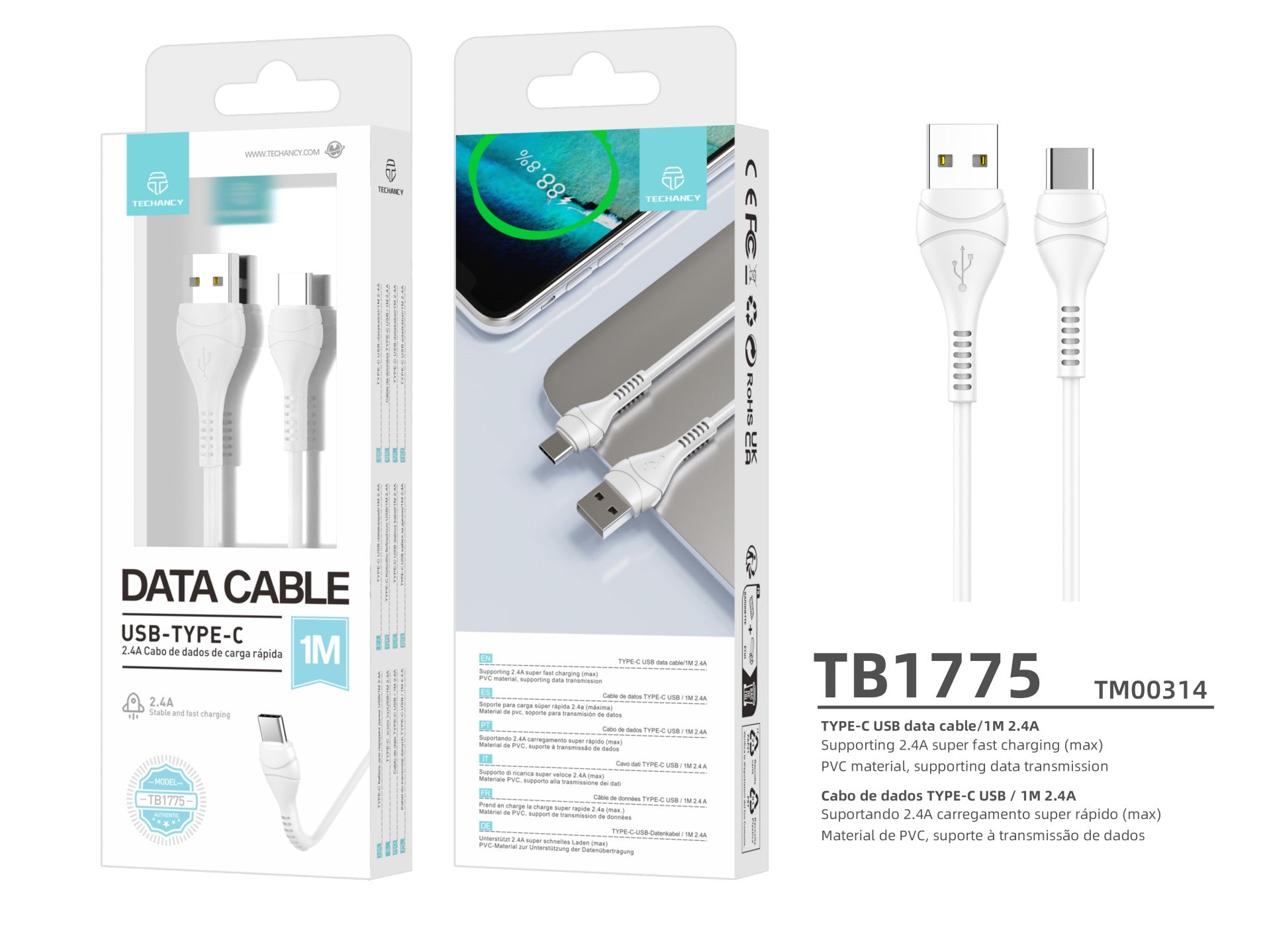 Techancy USB-C Data Cable TB1775, White, 1m, 2.4A Fast Charge