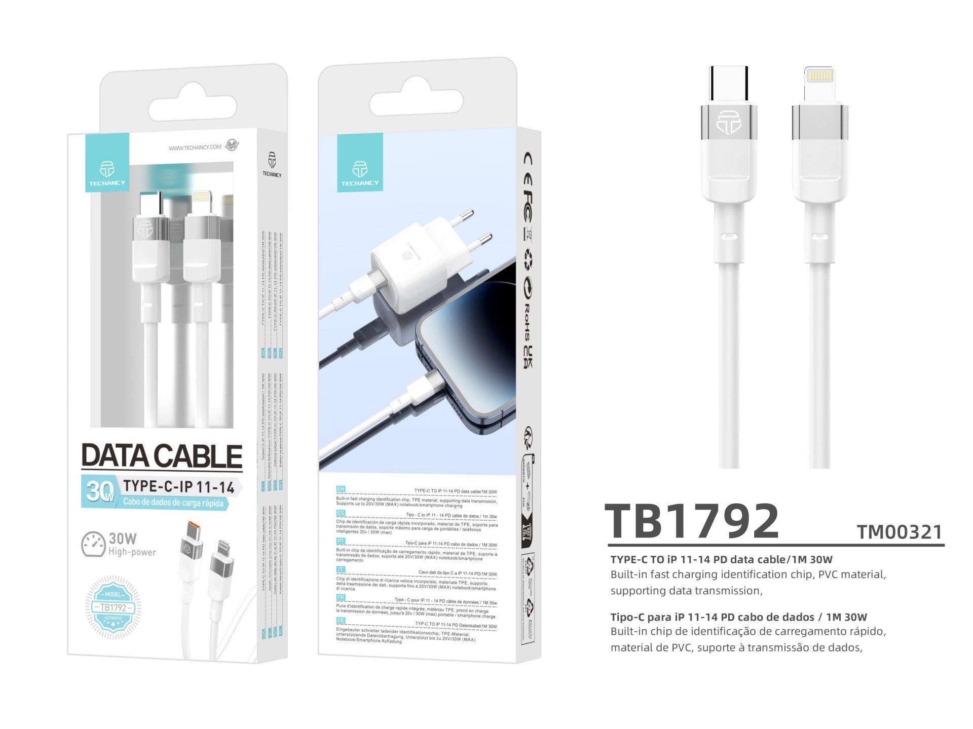 Techancy 1m PD 30W Data Cable TB1792, White, USB-C to Lightning for iPhone X/11/12-14, Fast Charging and Data Transfer