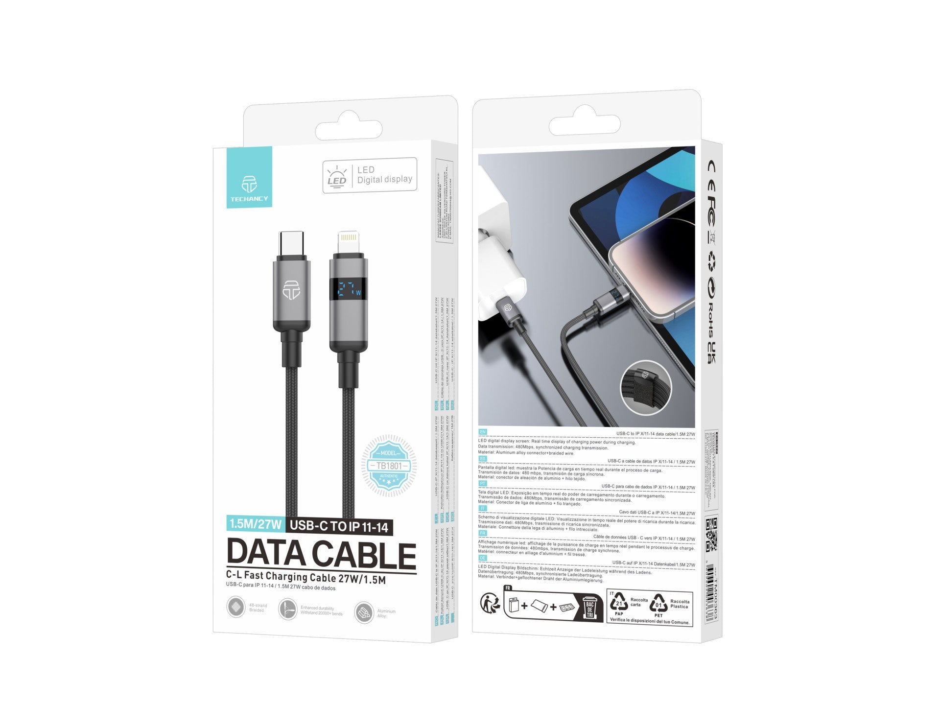 Techancy USB-C to Lightning Cable TB1801, 27W, 1.5m Black