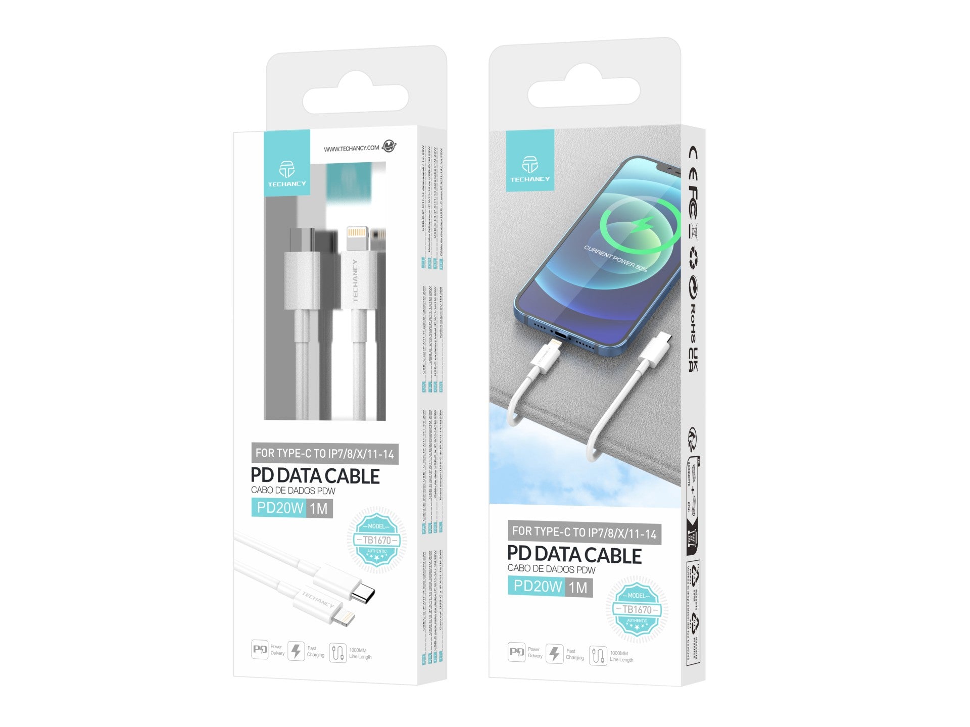 Techancy Cabo De Dados Usb-C Para Lightning TB1670, Carregamento Rápido De 20 W, 1 Metro, Branco, Compatível Com Iphone E Ipad