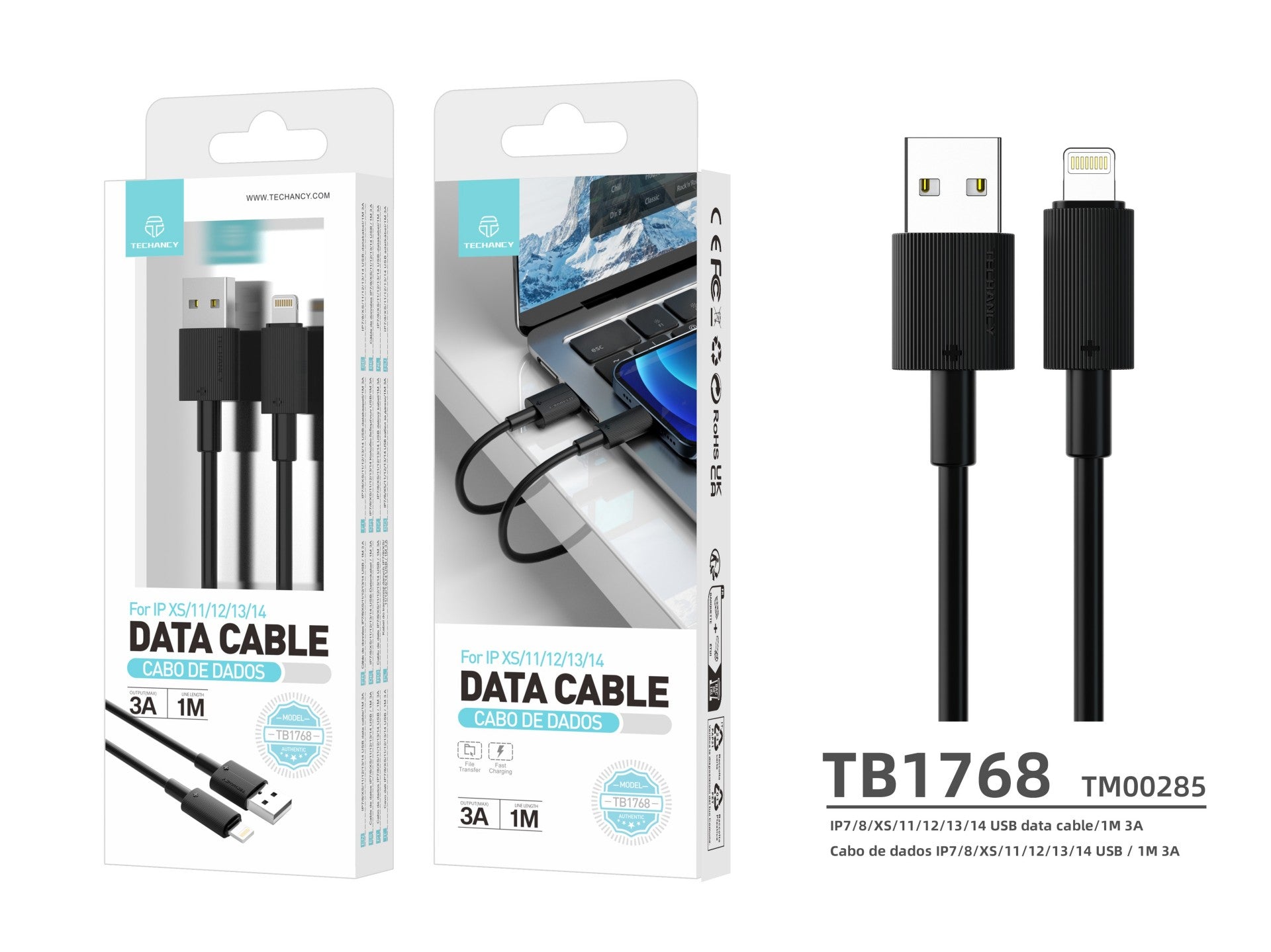Techancy USB to Lightning Data Cable TB1768, Black, 1m, 3A