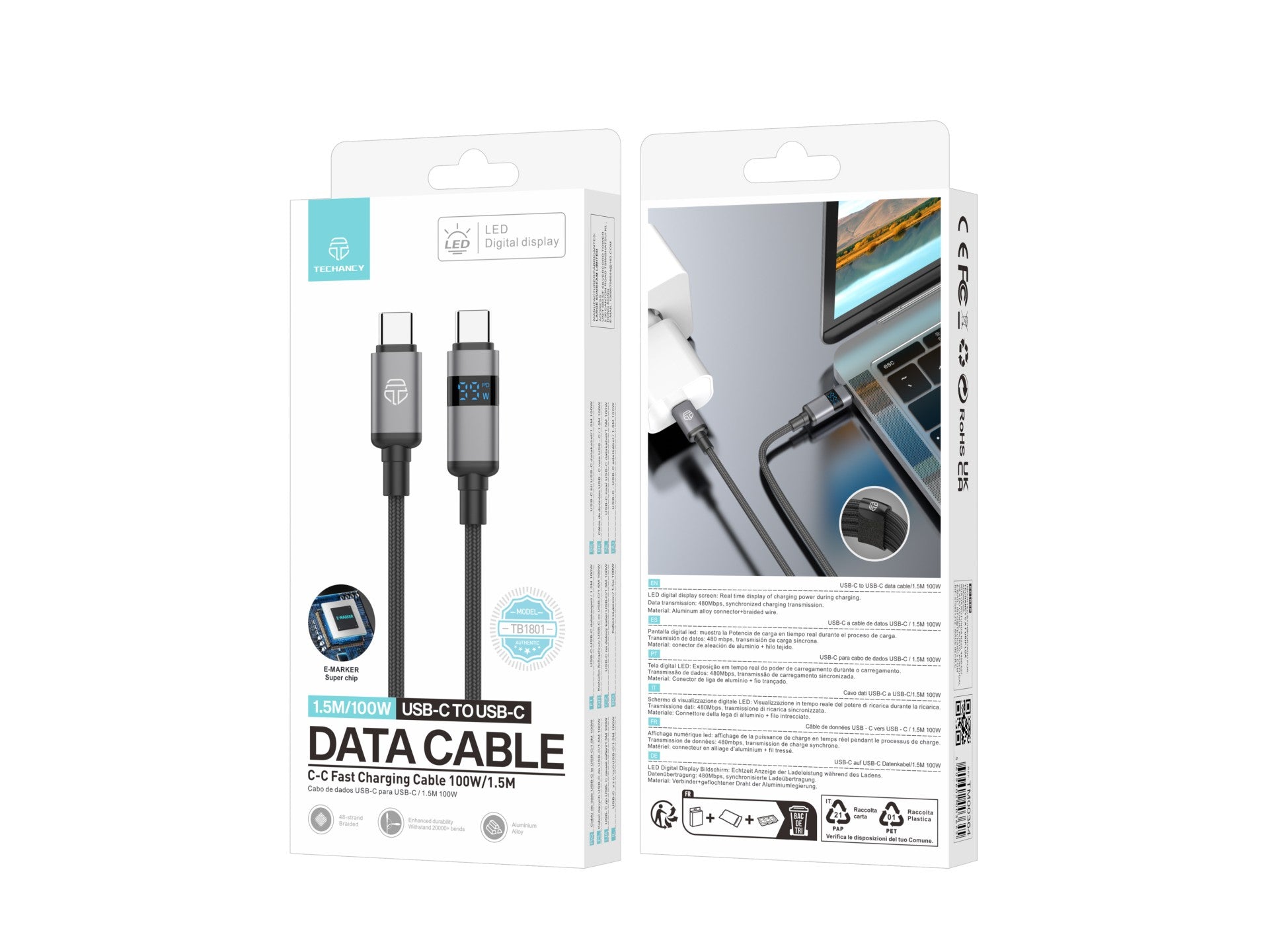 Techancy USB-C to USB-C Cable TB1801, 100W, 1.5m Black