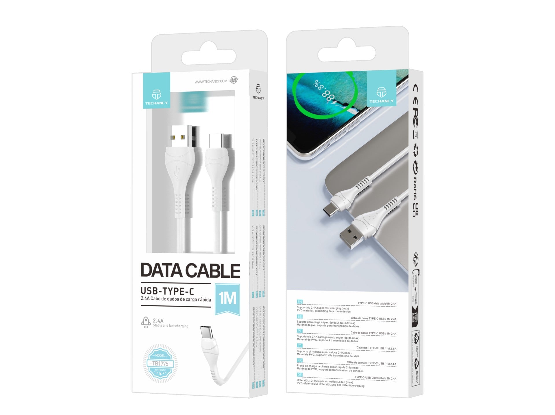 Techancy USB-C Data Cable TB1775, White, 1m, 2.4A Fast Charge