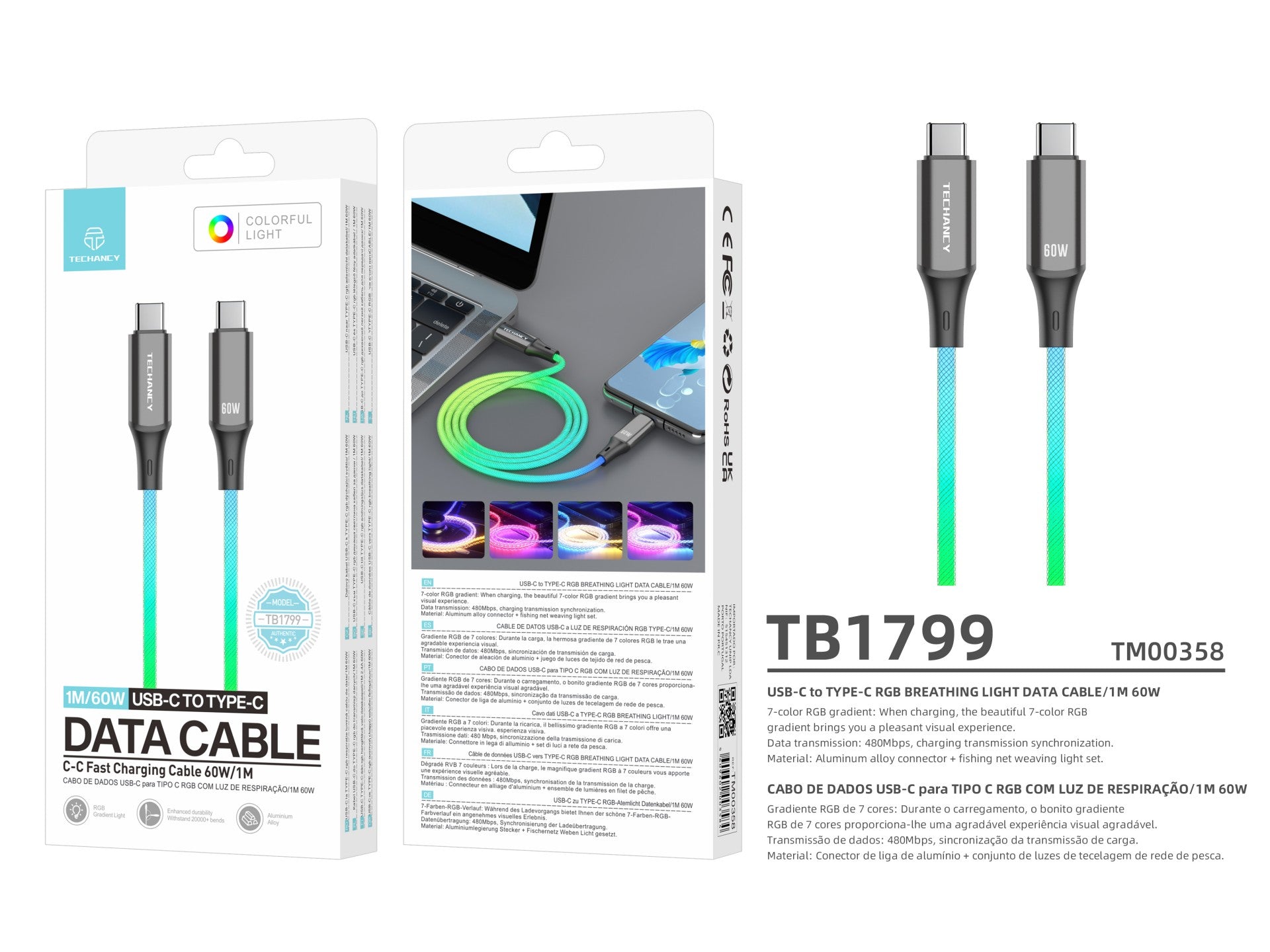 Techancy 1m Data Cable TB1799, USB-C to USB-C, RGB Lighting Effects, 60W Fast Charging
