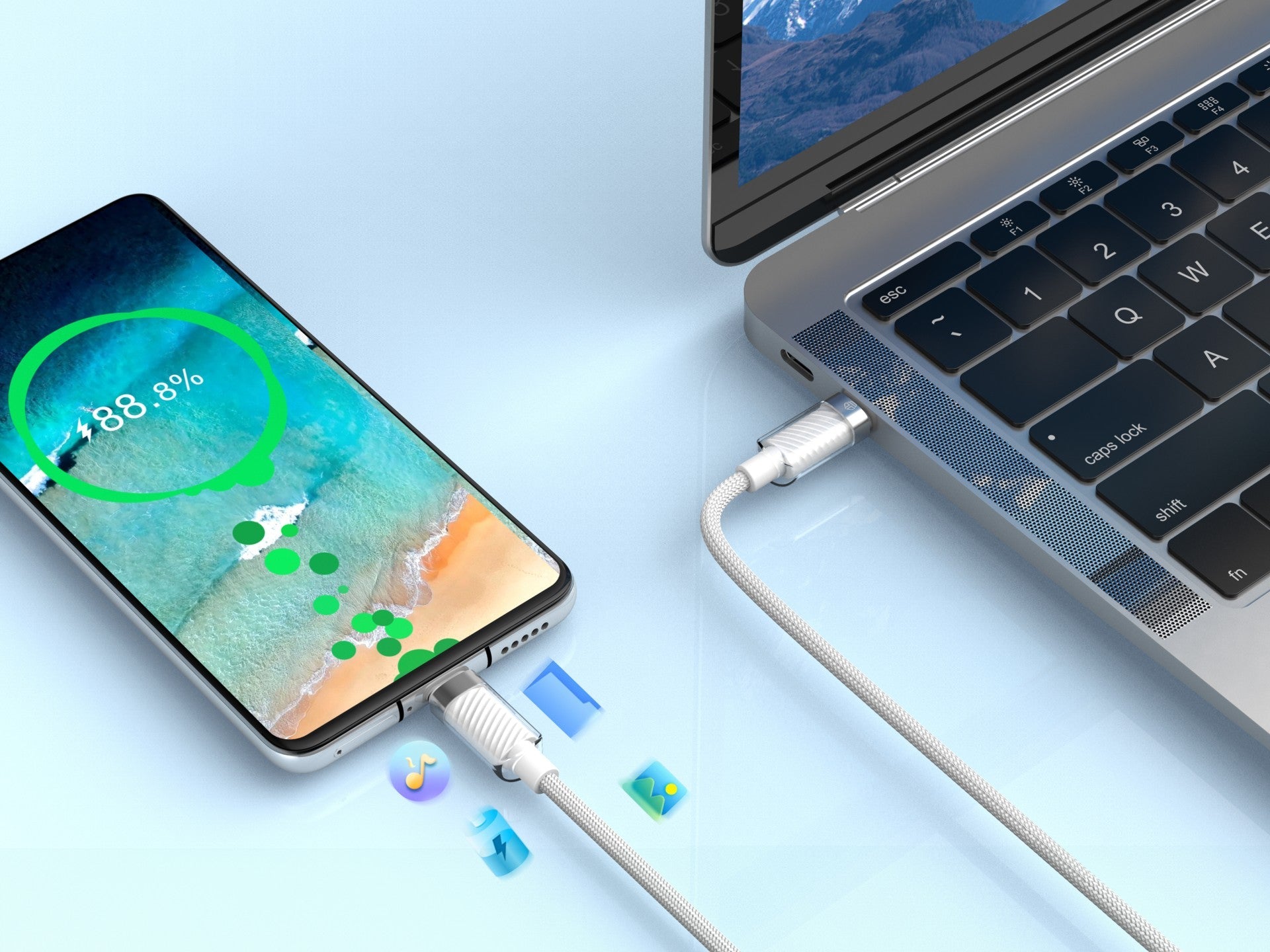 Techancy 1m USB-C to USB-C Data Cable TB1798, White, 60W Fast Charging for Smartphones, Tablets and Laptops