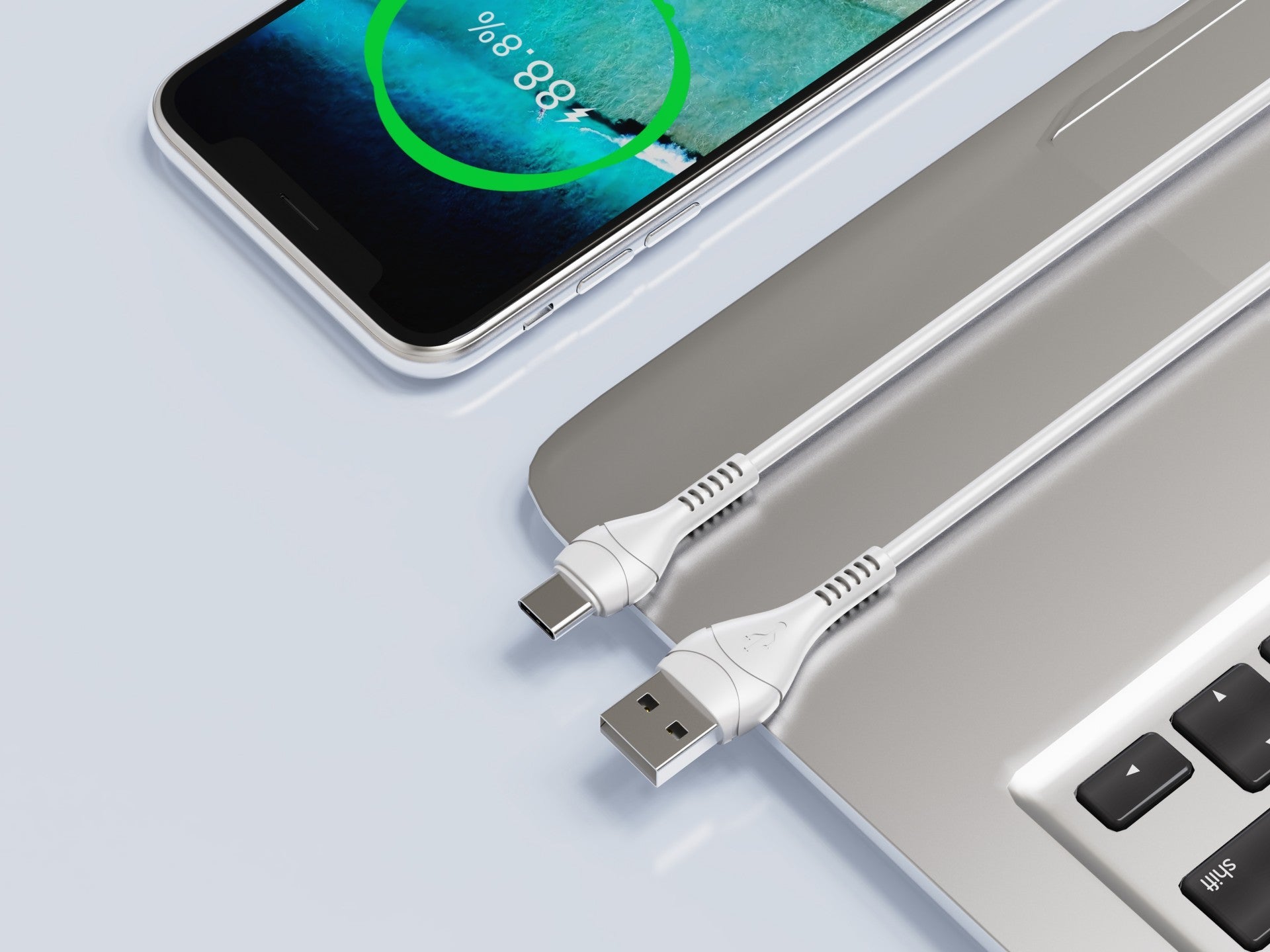 Techancy USB-C Data Cable TB1775, White, 1m, 2.4A Fast Charge