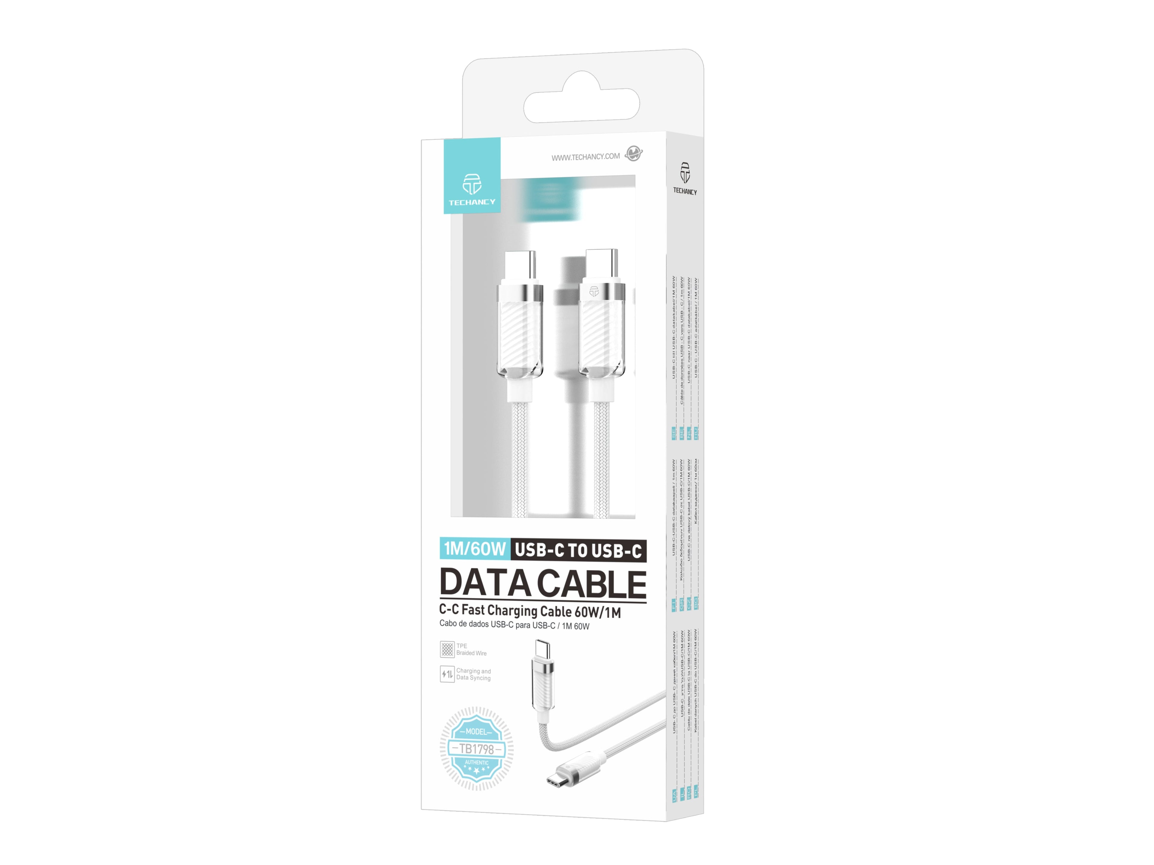 Techancy 1m USB-C to USB-C Data Cable TB1798, White, 60W Fast Charging for Smartphones, Tablets and Laptops