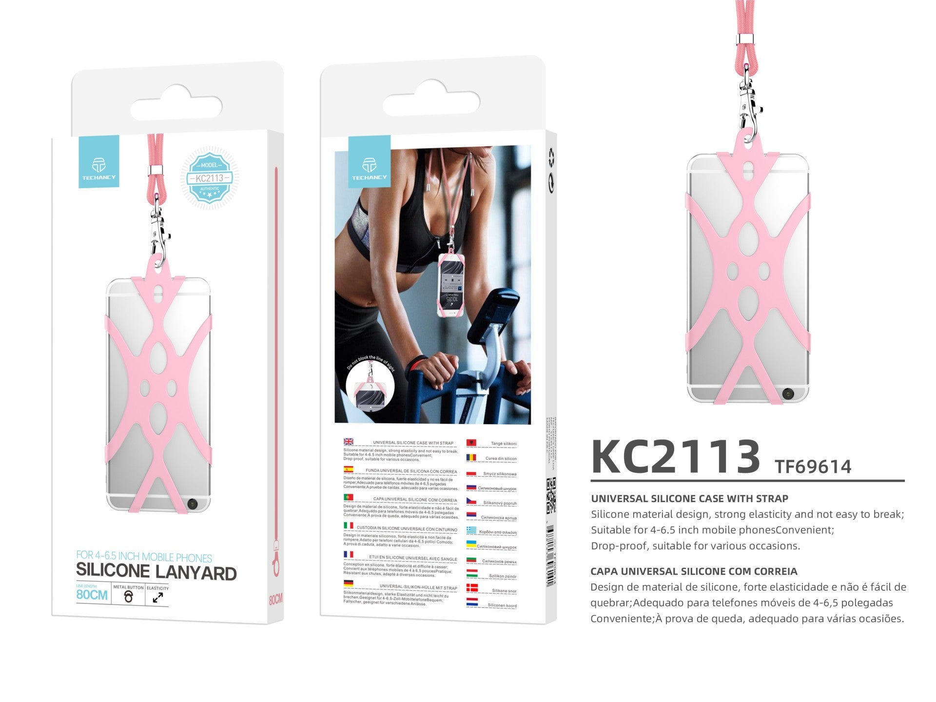 Techancy Universal Silicone Phone Lanyard KC2113, 80cm, Compatible with All Phone Models, Pink