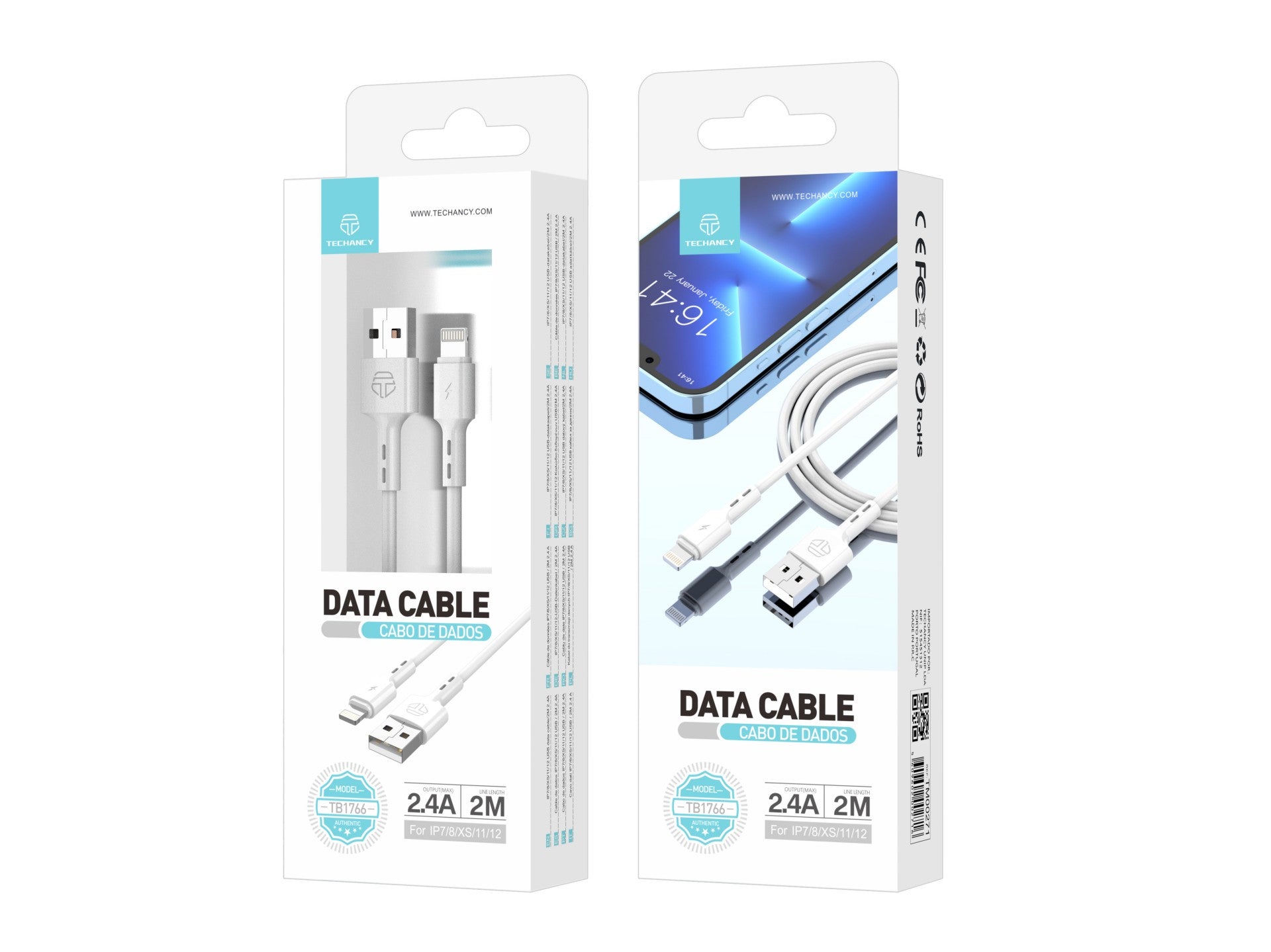 Techancy 2m Data Cable TB1766, 2.4A Lightning Charging Cable for iPhone 8/X/11-14