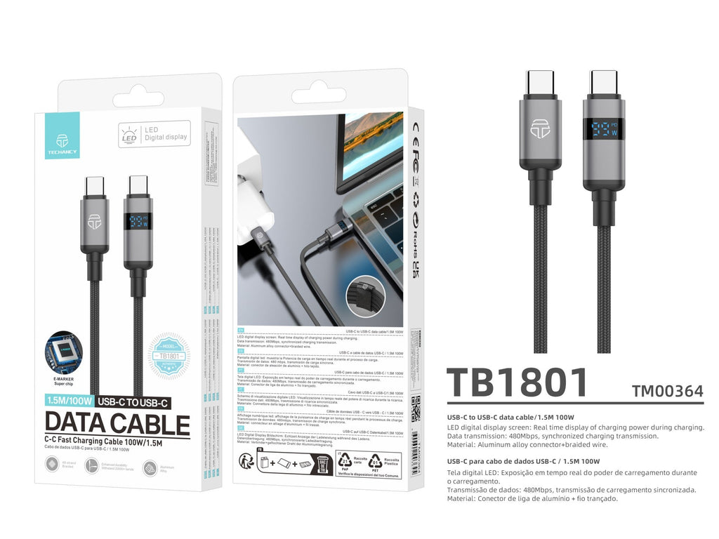 Techancy USB-C to USB-C Cable TB1801, 100W, 1.5m Black