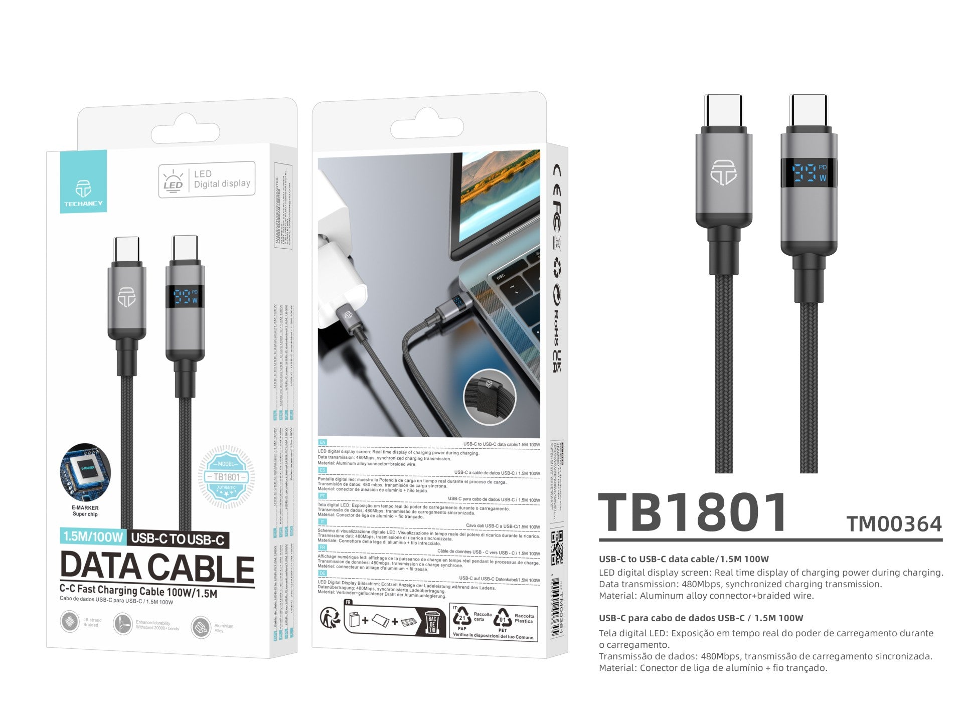 Techancy USB-C to USB-C Cable TB1801, 100W, 1.5m Black