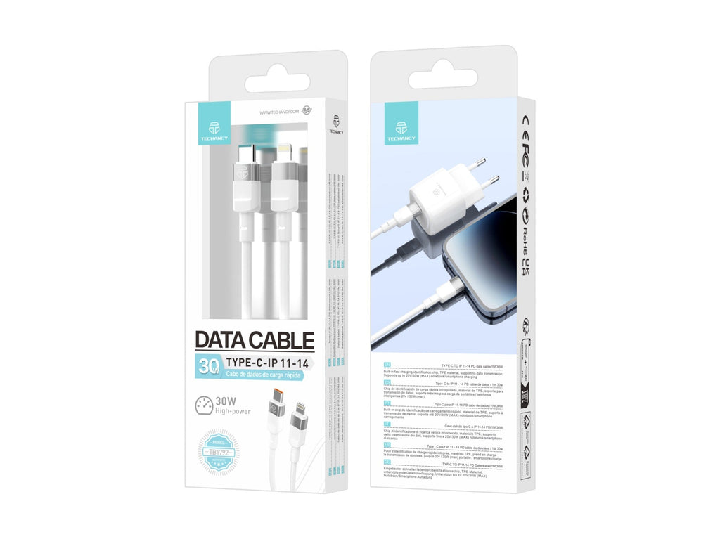 Techancy 1m PD 30W Data Cable TB1792, White, USB-C to Lightning for iPhone X/11/12-14, Fast Charging and Data Transfer