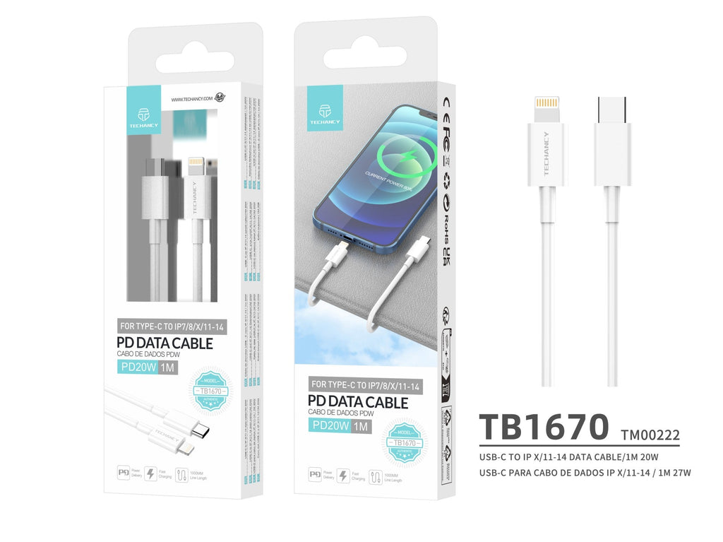 Techancy Cabo De Dados Usb-C Para Lightning TB1670, Carregamento Rápido De 20 W, 1 Metro, Branco, Compatível Com Iphone E Ipad