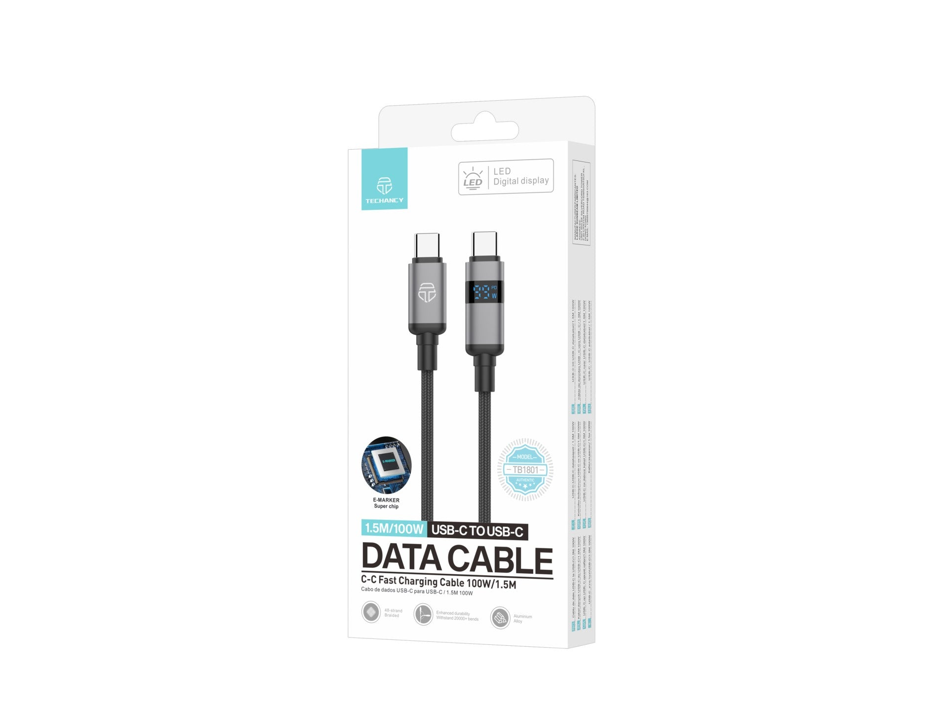 Techancy USB-C to USB-C Cable TB1801, 100W, 1.5m Black