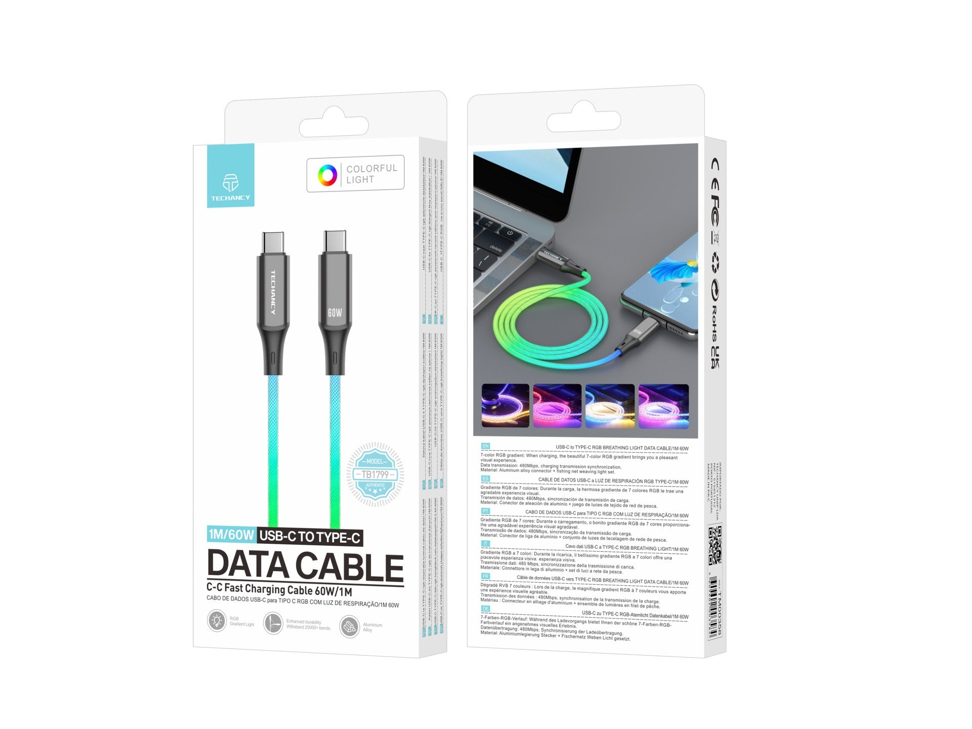 Techancy 1m Data Cable TB1799, USB-C to USB-C, RGB Lighting Effects, 60W Fast Charging