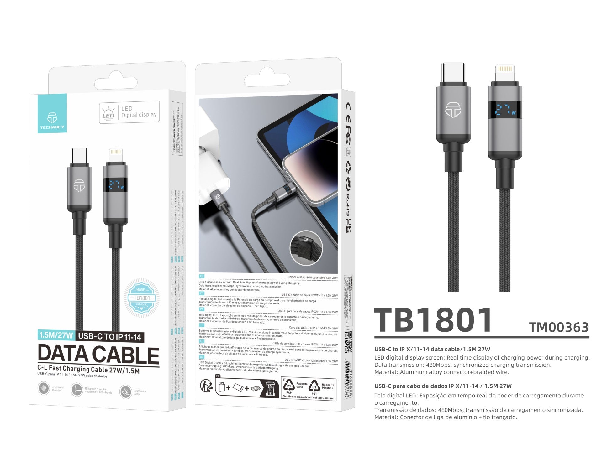 Techancy USB-C to Lightning Cable TB1801, 27W, 1.5m Black